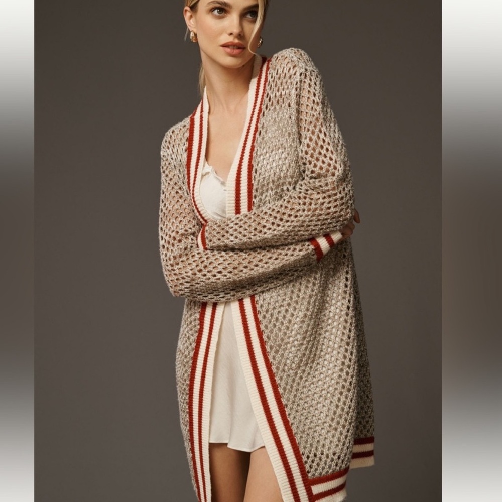 Anthropologie-Maeve Metallic Varsity Cardigan Sweater in color Silver. Worn Once